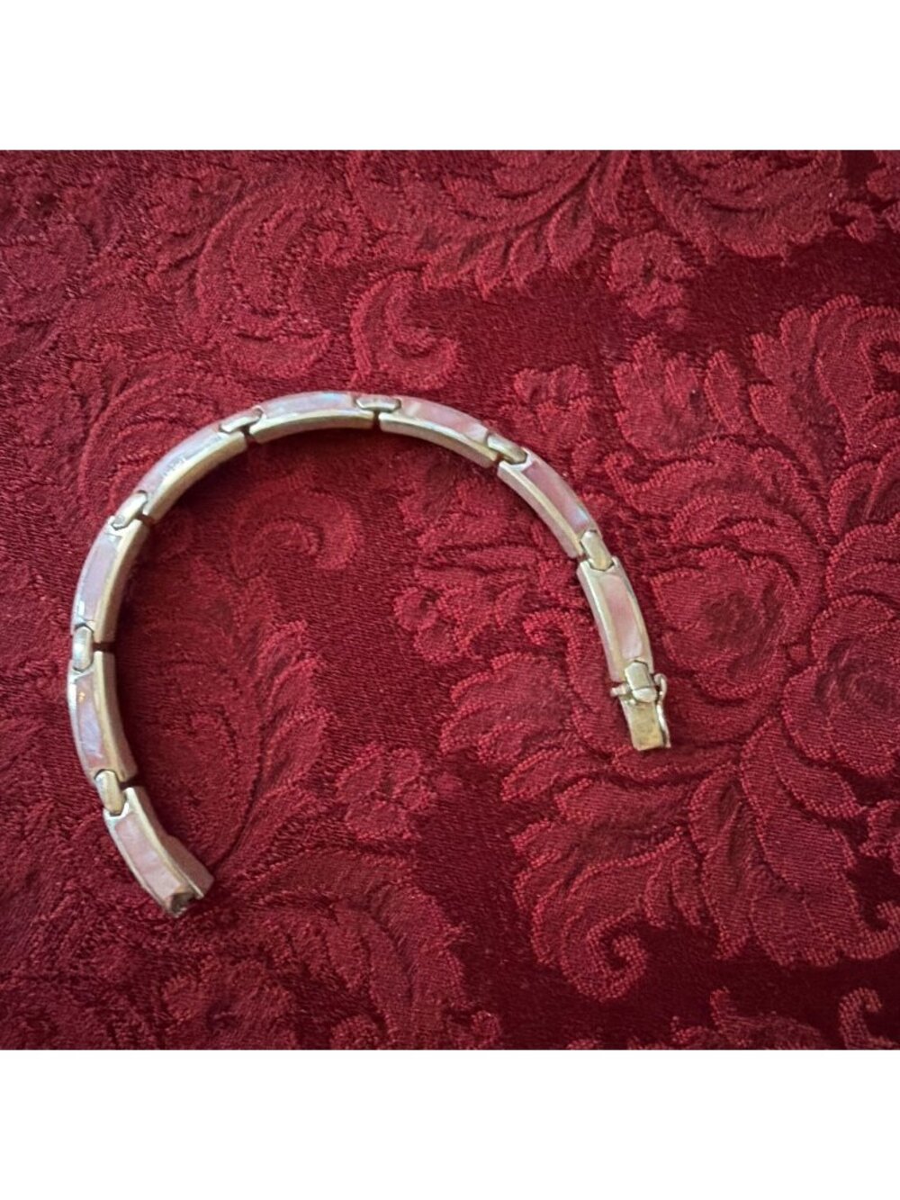 Vintage Sterling Silver 925 Pink Mother of Pearl MOP Inlay Bar Link Bracelet